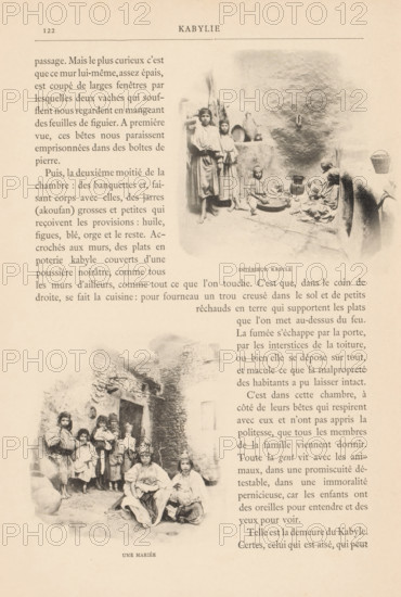 Women and children in a house in Kabylie, Algeria, Intérieur Kabyle, page, photomechanical print, maker: Jules Gervais-Courtellemont, c. 1888 - in or before 1893, paper, collotype, photoprint, height 97 mm x width 88 mm, adult woman, interior of the house, child, North Africa, Kabylie, A sepia-toned page shows two photographic images of groups of people in traditional clothing set against rough stone walls and doorways, with one image at the top right depicting several seated and standing figures around pottery and cooking vessels in a courtyard area, and another toward the lower left showing a larger group posed in front of a stone building with some individuals seated on the ground and others standing, all wearing layered garments and head coverings; the page background is a light aged paper tone with narrow margins and decorative horizontal lines near the top.