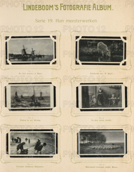 Six reproductions of paintings by Jacob Maris, Willem Maris, Hendrik Willem Mesdag, Jozef Israëls, Bernard Blommers, and Anton Mauve, Their masterpieces, album page, reproduction, photomechanical print, These prints are part of an album., inscription: 'Series 19.', after painting by anonymous, publisher: BJ Lindeboom & Zonen, Amsterdam, 1905 - 1906, pasteboard, paper, collotype, photogravure, height 300 mm x width 238 mm, Such prints were known as 'zwartjes'. They were obtained when purchasing certain brands of tea, cocoa, cigarettes, biscuits, etc. for collecting. There were collector albums in circulation specially produced for the 'zwartjes'., picture, painting, A cream-colored page with a printed heading across the top and six small rectangular black-and-white pictures arranged in three rows and two columns, each picture mounted in decorative corner holders and surrounded by a thin dark border; the top left picture shows two windmills near a waterline with reflections, the top righ...