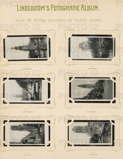 Six reproductions of photographs of the city centers of Amsterdam, Rotterdam, The Hague, Groningen, Utrecht, and Dordrecht, Some views from Dutch cities, album page, reproduction, photomechanical print, These prints are part of an album., inscription: 'Series 20.', after photo by anonymous, publisher: BJ Lindeboom & Zonen, Amsterdam, 1905 - 1906, pasteboard, paper, collotype, photogravure, height 300 mm x width 238 mm, Such prints were known as 'zwartjes'. They were obtained when purchasing certain brands of tea, cocoa, cigarettes, rusks, etc. for collecting purposes. There were collector albums in circulation specially produced for the 'blacks'., city-view in general, 'veduta', Grote Markt (The Hague), Dordrecht, Grote or Onze-Lieve-Vrouwekerk, Dom van Utrecht, Montelbaanstoren, Martinitoren, Witte Huis, A sepia-toned page showing a grid of eight small black-and-white photographic prints mounted within decorative corner mounts, arranged in two vertical columns. Each photograph is fram...