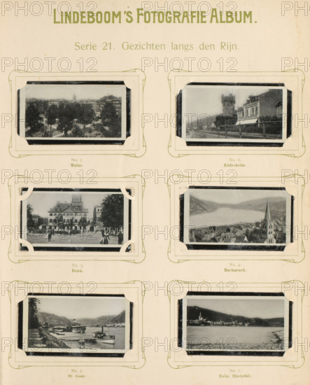 Six reproductions of photographed cityscapes from Mainz, Rüdesheim, Bonn, Bacharach, Sankt Goar and Rheinfels Castle, Views along the Rhine, album page, reproduction, photomechanical print, These prints are part of an album., inscription: 'Series 21.', after photo by anonymous, publisher: BJ Lindeboom & Zonen, Amsterdam, 1905 - 1906, pasteboard, paper, collotype, photogravure, height 300 mm x width 238 mm, Such prints were known as 'black ones'. They were obtained for collecting when purchasing certain brands of tea, cocoa, cigarettes, biscuits, etc. There were collector albums in circulation specially produced for the 'little blacks'., city-view in general, 'veduta', North Rhine-Westphalia, Rhineland-Palatinate, Sankt Goar, Mainz, Rheinfels Castle, A cream-colored album page with decorative green borders showing six black-and-white photographs mounted in corner holders, arranged in three rows and two columns, each photograph framed by a rectangular mat with rounded decorative corners;...