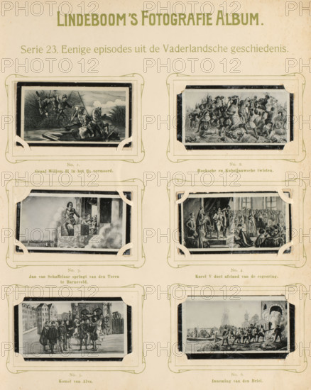 Six reproductions of drawings of events from the history of the Netherlands, Some episodes from national history, album page, reproduction, photomechanical print, These prints are part of an album., inscription: 'Series 23.', after drawing by anonymous, publisher: BJ Lindeboom & Zonen, Amsterdam, 1905 - 1906, pasteboard, paper, collotype, photogravure, height 300 mm x width 238 mm, Such prints were known as 'zwartjes'. They were obtained for collecting when purchasing certain brands of tea, cocoa, cigarettes, biscuits, etc. There were collector's albums in circulation specially produced for the 'blacks'., warfare, military affairs, Eighty Years' War, Capture of Den Briel (1572), Hook and Cod Wars, Battle of Hoogwoud, Barneveld, Brielle, Hoogwoud, A cream-colored page with a centered large heading area at the top and a faint decorative rectangular border around six small rectangular black-and-white illustrations arranged in two columns and three rows, each illustration set inside angled...