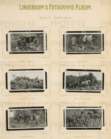 Six reproductions of drawings of horses and dogs during a hunt, Hunting sport, album page, reproduction, photomechanical print, These prints are part of an album., inscription: 'Series 5.', after drawing by anonymous, publisher: BJ Lindeboom & Zonen, Amsterdam, 1905 - 1906, pasteboard, paper, collotype, photogravure, height 300 mm x width 238 mm, Such prints were known as 'blackies'. They were obtained for collecting when purchasing certain brands of tea, cocoa, cigarettes, biscuits, etc. There were collector albums in circulation specifically produced for the 'blacks'., horse, hunters hunting (NB: In 1988-1990 this notation denoted the concept of 43C11421 'hunters resting during the hunt'), hunting dogs, A vertical page with a pale background showing six rectangular photographic prints arranged in three rows and two columns, each print mounted within decorative corner holders and framed by thin borders; the top center has a large title in bold uppercase letters and a smaller line of t...