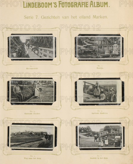 Six reproductions of photos of Marken, Views of the island of Marken, album page, reproduction, photomechanical print, These prints are part of an album., inscription: 'Series 7.', after photo by anonymous, Marken, publisher: BJ Lindeboom & Zonen, Amsterdam, 1905 - 1906, pasteboard, paper, collotype, photogravure, height 300 mm x width 238 mm, Such prints were known as 'zwartjes'. They were obtained when purchasing certain brands of tea, cocoa, cigarettes, biscuits, etc. for collecting. There were collector albums in circulation specially produced for the 'zwartjes'., village, A cream colored album page with decorative pale green borders holding six small black and white photographic prints arranged in three rows of two, each print mounted in corner brackets; the top shows a narrow bridge or boardwalk flanked by stacked boats and a shoreline in one print and a waterfront scene with a person standing near boats in the other; the middle row shows a print of people working near a pile of ...