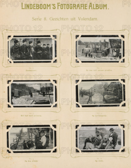 Six reproductions of photos of Volendam, Faces from Volendam, album page, reproduction, photomechanical print, These prints are part of an album., inscription: 'Series 8.', after photo by anonymous, Volendam, publisher: BJ Lindeboom & Zonen, Amsterdam, 1905 - 1906, pasteboard, paper, collotype, photogravure, height 300 mm x width 238 mm, Such prints were known as 'zwartjes'. They were obtained when purchasing certain brands of tea, cocoa, cigarettes, rusks, etc. for collecting. There were collector albums in circulation specially produced for the 'zwartjes'., village, A vertical sheet with six mounted black-and-white photographs arranged in three rows and two columns, each photo held in decorative corner mounts on a cream-colored background with a printed header at the top; the photos show various outdoor scenes including groups of people wearing dark coats and hats seated together, a snowy village street with wooden buildings and figures, a frozen waterway with people walking and boat...