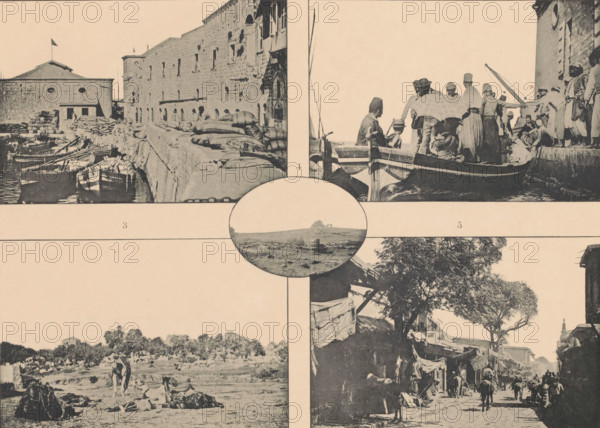 Jaffa, Five views of Jaffa, Israel, page, photomechanical print, number: 'XVIII.', inscription: '1 Entrepôts le long du quai (M. d'Allemagne, photo.). 2 Débarquement de touristes au quai de Jaffa (M. d'Allemagne, photot.)., 3 Chameaux dans la plaine autour de Jaffa (M. d'Allemagne, photot.). 4 Sur la route de Jaffa à Jérusalem (M. Tur, 5 Rue et boutiques dans la ville (M. d'Allemagne, photot.).', photographer: various manufacturers, cliché maker: Michel Berthaud, Paris, c. 1893 - in or before c. 1898, various manufacturers, Michel Berthaud, photographer, cliché maker, Ottoman Empire, paper, collotype, photoprint, height 293 mm x width 355 mm, city-view in general, 'veduta', street, A sepia-toned composite image divided into panels showing a waterfront with small boats tied along a stone quay and sacks piled on the quay beside a stone building with round windows and a flag on its roof; an adjacent panel showing people on and beside a boat at a quay edge with some figures wearing hats an...