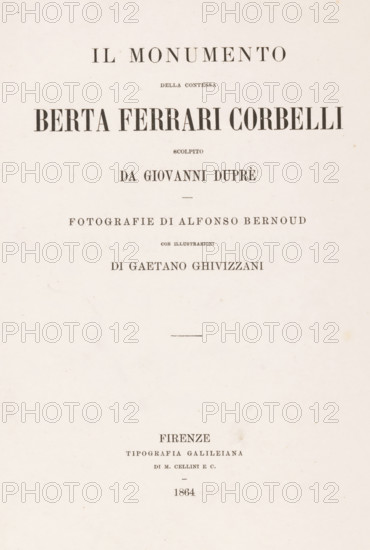 Il monumento della contessa Berta Ferrari Corbelli scolpito da Giovanni Duprè, fotogr. di Alfonso Bernoud, con ill. di Gaetano Ghivizzani, book, annotation: 'Fra Angelo Haa.e, .il, hius .en ..., se... danese, illustrissimo, 7-2-01.', date: 'MAY, 2009', photographer: Alphonse Bernoud, printer (person): Tipografia Galileiana, Florence, 1864, printer (person), Tuscany, paper, printing, albumen print, height 310 mm x width 223 mm x thickness 7 mm, The image shows an aged, off-white page with printed lines of large, centered black text in various serif typefaces arranged vertically down the page, with noticeable spacing between the lines and a faint horizontal rule near the middle; the paper displays small brown spots and slight discoloration, giving it an antique appearance.