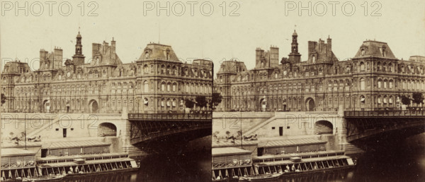 City Hall of Paris seen across the Seine, stereograph, inscription: 'Banselin optician Ft. 14. R. de Seine. Paris.', Paris, c. 1860 - c. 1880, photographer, pasteboard, paper, albumen print, albumendruk, height 84 mm x width 175 mm, townhall, Stadhuis (Paris), A sepia-toned photographic view showing a long ornate stone building with mansard roofs, dormer windows, decorative cornices, and tall chimneys, stretching across the riverside. In front of the building is a stone embankment with an arched bridge opening and a metal-trussed bridge span extending over dark water. Lower on the river are covered wooden platforms and long narrow boats moored alongside, some with awnings and visible seating. Trees and small lampposts dot the embankment, and the sky above is pale and empty.