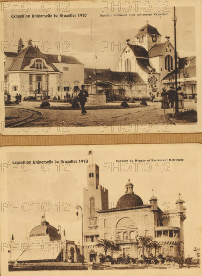 World Exhibition Brussels, photograph, 1910, photographer, paper, collotype, photogravure, height 100 mm x width 150 mm, World Exhibition 1910 (Brussels), Brussels, Period, A sepia-toned image showing two separate historic building scenes arranged vertically, the top scene features a park-like foreground with curved tracks and a central fountain area, flanked by small rounded shrubs and a few trees, in front of a row of buildings including a house with a steep tiled roof and ornate dormer and a larger building with a tower and arched windows; people are visible walking and standing near the buildings and along paths. The lower scene shows a grand ornate façade with domes and towers, palm trees in front, a promenade with groups of people gathered and walking, and adjacent structures with decorative roofs and awnings, all presented with an aged photographic texture.