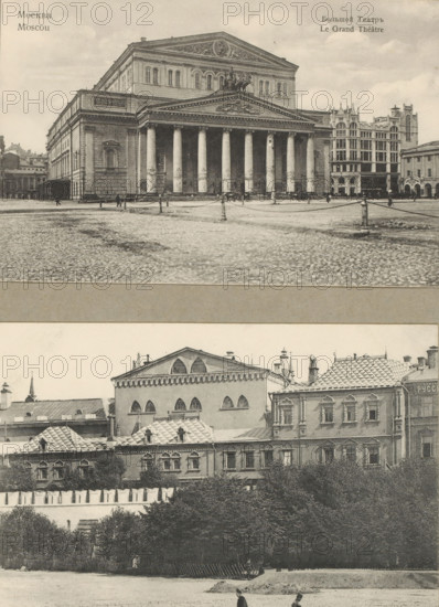 Moscow. Groote Theater, photograph, Russia, 1860 - 1925, photographer, paper, collotype, photoprint, height 100 mm x width 150 mm, height 300 mm x width 250 mm, Moscow, A sepia-toned composite image showing two distinct horizontal sections of an urban scene; the upper section features a large neoclassical building with a wide portico of tall columns supporting a triangular pediment and a sculptural group atop the roof, a cobbled open square in front with low posts and chains, scattered small figures and a row of multi-story buildings to the right, while the lower section shows a different riverside view with a crenellated wall, dense trees behind it, varied rooflines including patterned rooftops and arched windows, and a foreground riverbank with a couple of small human figures near the water.