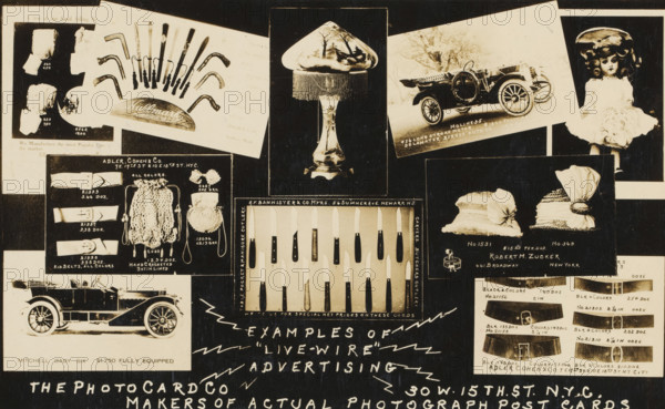 Advertisement for The Photo Cards Company with 10 advertising postcards, picture postcard, inscription: 'Actual Photo made by Photo Card Co., 30 & 32 W. 15th Street, NY City', inscription: 'EXAMPLES OF, 'LIVE-WIRE', ADVERTISING, THE PHOTO CARD CO, MAKERS OF CURRENT PHOTOGRAPH POST CARDS., 30 W. 15TH.ST. NYC', photographer: Photo Cards Company, New York (city), c. 1907 - c. 1930, printer (person), North America, paper, gelatin silver print, developing gelatin silver print, height 100 mm x width 150 mm, A rectangular collage with a dark background containing multiple photographic panels showing a variety of objects and scenes, including two vintage automobiles, a decorative lamp with a fringed shade on a pedestal, a display of knives with dark handles arranged upright in a framed panel, several detachable belts and small accessory items arranged on dark boards, an assortment of hand tools or curved metal items fanned above a curved wooden sign, a doll wearing a frilly dress and large hat...