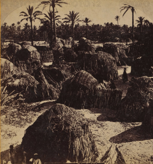 Negro Village, View of a village south of Tripoli, Views and landscapes in Europe, Africa and Asia, Geographical Sculpture Gallery, collected by MJ Broekhuijsen, Head of a school in Amsterdam, stereograph, Numbered C4. bottom left of photo, annotation: 'Africa', annotation: 'in the south of Tripoli, on the edge of the Sahara. A disorderly multitude, beehives under the palms.', Tripolitania, publisher: Merkelbach & Co., Amsterdam, compiler (person in literature): Martien Johan Broekhuijsen, c. 1905, photographer, compiler (person in literature), North Africa, Libya, pasteboard, paper, albumen print, height 87 mm x width 177 mm, Part of a group of 52 stereophotos used in primary education as a supplement to school charts. The entire series consisted of 274 items in 10 categories (A to K)., village, landscapes in tropical and subtropical regions, A sepia-toned scene showing clustered thatched huts made of straw or reeds with rough textures, tall palm trees rising behind the huts against a...
