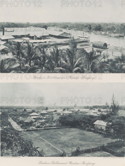 Petroleum installations with harbor in Rantaupanjang, Petroleum Etablissement Pantau-Pandjang (above and below), photomechanical print, Part of Album with heliogravures of Sumatra's east coast., number: '16', photographer: Carl J. Kleingrothe, Rantaupanjang, cliché maker: Johann Baptist Obernetter, Munich, in or before 1898, Carl J. Kleingrothe, Johann Baptist Obernetter, photographer, cliché maker, Bavaria, Sumatra, paper, photoaquatint, heliogravure, height 126 mm x width 217 mm, height 128 mm x width 216 mm, harbor (view, vehicle, ship, etc.), oil, oil refinery, A composite image with an upper scene showing a waterfront area with boats moored along a river, a shoreline with sheds and long roofed structures, a large cylindrical tank lying on the ground near the water, palm trees in the foreground, and distant tree-lined banks; a lower scene depicting a residential area with scattered houses and roofs, open grassy fields with winding dirt paths, trees and gardens around the buildings,...