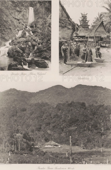 Waterfall (top left), Batak village with skull house (top right) and sanatorium (bottom) in Bandar-Baroe on Sumatra, Bandar Baroe Petani Waterfall (top left), Skull house (top right), Bandar Baroe-Sanatorium 905 mtr (bottom), photomechanical print, Part of Album with heliogravures by Sumatra's east coast., number: '53', photographer: Carl J. Kleingrothe, Sumatra, cliché maker: Johann Baptist Obernetter, Munich, in or before 1898, Carl J. Kleingrothe, Johann Baptist Obernetter, photographer, cliché maker, Bavaria, paper, photoaquatint, heliogravure, height 133 mm x width 97 mm, height 148 mm x width 100 mm, height 155 mm x width 217 mm, hospital, village, waterfall, charnelhouse, ossuary, A tall waterfall cascades down a rocky slope surrounded by dense vegetation, with multiple smaller streams flowing over dark boulders into a pool below. Adjacent to this is a village scene with several people standing near woven and thatched structures, including women using long poles over rectangular...