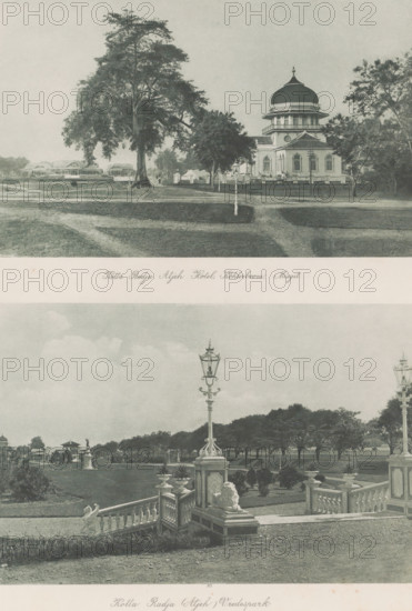 View of the Kota Radja Aceh Hotel, the so-called Köhlerboom and the Baiturrahman Mosque (above) and view of the Peace Park (below) in Banda Aceh on Sumatra, Kotta Radja Aceh Hotel, Köhlerboom, Misgit (above), Kotta Radja (Aceh) Peace Park (below), photomechanical print, Part of Album with heliogravures of Sumatra's east coast., number: '63', photographer: Carl J. Kleingrothe, Banda Atjeh, cliché maker: Johann Baptist Obernetter, Munich, in or before 1898, Carl J. Kleingrothe, Johann Baptist Obernetter, photographer, cliché maker, Bavaria, Aceh, Sumatra, Banda Aceh, paper, photoaquatint, heliogravure, height 136 mm x width 222 mm, height 147 mm x width 224 mm, The Köhler tree takes its name from General JHR Köhler (born 1818), who died near this tree on April 14, 1873 during the First Aceh Expedition (1873-74)., temple, shrine, Islam, Mohammedanism, trees, public gardens, park, hotel, hostelry, inn, Eerste Aceh expedition, A sepia-toned image divided into two horizontal scenes showing l...