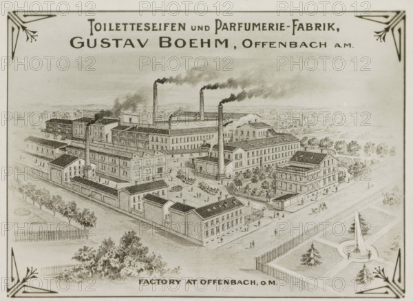 Photo reproduction of (presumably) a print of Gustav Boehm's soap and perfume factory in Offenbach am Main, photograph, reproduction, Part of Photographs of Gustav Boehm's world tour 1899-1901, series 2., after print by anonymous, 1899 - 1901, photographer, after print by, paper, gelatin silver print, developed gelatin silver print, height 82 mm x width 60 mm, factory-building, Hessen, Offenbach am Main, A sepia-toned engraved illustration of an industrial complex seen from an elevated perspective, showing multiple rectangular brick buildings with pitched and flat roofs arranged around courtyards and streets, tall smokestacks emitting plumes of smoke, small figures of people walking and standing, horse-drawn carts and carriages on the roads, rows of trees and fenced garden areas surrounding the factory, a circular fountain feature with a tall central obelisk in a landscaped area, and decorative corner motifs framing the image.