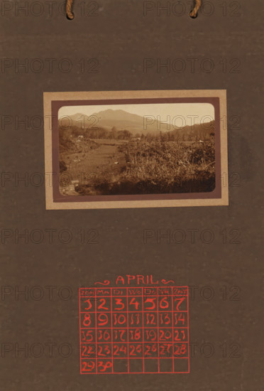 Landscape with rice fields, album page, photograph, This photo is part of an album., annotation: 'APRIL, ', Indonesia, 1880 - in or before 1923, photographer, pasteboard, paper, daylight collodion silver print, height 58 mm x width 101 mm, landscapes, sawahs, rice paddies, A dark brown textured background with two short pieces of rope at the top, a sepia-toned framed photograph of a hilly landscape centered near the upper middle showing layered hills, trees, vegetation, and grassy foreground within a rectangular matte, and a grid of hand-drawn red squares near the lower center forming a calendar layout with a decorative red heading above the grid.