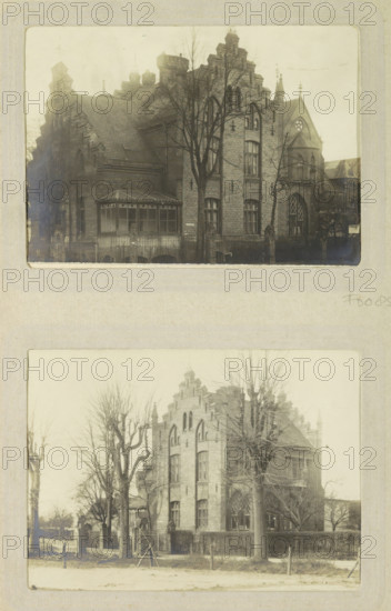 Exterior of the director's residence of Oslebshausen prison, photograph, postcard, Part of Photo album of Carl Heinrich Fliegenschmidt, prison director in Oslebshausen., Oslebshausen, 1890 - 1910, photographer, Bremen (city), paper, gelatin silver print, developed gelatin silver print, height 78 mm x width 110 mm, rural housing, eg country-house, villa, cottage, façade (of house or building), prison, jail, An image of two sepia-toned photographs mounted vertically on a page, each showing a brick building with Gothic architectural features; the top photograph depicts a multi-story brick structure with steep gables, arched windows, a conservatory-like porch, bare trees in front, and a wrought-iron fence along the base, while the bottom photograph shows a similar or the same building from a slightly different angle with tall leafless trees lining the street, decorative brickwork, a gated entrance, and a sidewalk in the foreground.