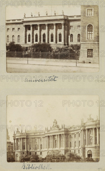 Exterior of the main building of the Humboldt University in Berlin, photograph, cabinet photograph, Part of Photo album of Carl Heinrich Fliegenschmidt, prison director at Oslebshausen., inscription: 'C. Fliegenschmidt Universität', Berlin, c. 1890 - c. 1910, photographer, pasteboard, paper, albumen print, height 78 mm x width 110 mm, facade (of house or building), university building, college, A vertical image shows two sepia photographs of large classical stone buildings mounted on a pale page. The top photograph depicts a façade with tall columns, rectangular and arched windows, a balustrade along the roofline, statues atop the cornice, dense foliage and a metal fence in front, and a paved street in the foreground. The bottom photograph shows a curved façade with rows of columns, decorative sculptures and statues along the roof, multiple windows and arched doorways, trees and shrubs at the base, and the pale mounting paper surrounding both photos.