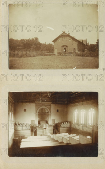 Building with field belonging to the Oslebshausen prison, photograph, Part of Photo album of Carl Heinrich Fliegenschmidt, prison director at Oslebshausen., Oslebshausen, c. 1890 - c. 1910, photographer, Bremen (city), pasteboard, paper, daylight collodion silver print, height 78 mm x width 110 mm, barn, cultivated land, prison, jail, The image shows two sepia photographs mounted vertically on a page. The top photograph depicts a grassy open area leading to a brick building with a peaked roof and decorative gable; there are trees behind and to the left of the building and a person standing at the building's entrance. The bottom photograph shows an interior view of a large hall with wooden pews or benches facing a raised central pulpit or platform, ornate woodwork and railing, high decorative ceiling with light fixtures, and tall arched windows along the right wall letting in light.