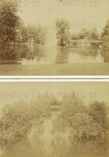 Frankfurt a. M. In the Palm Garden, Building on the bank of a pond in the Palm Garden of Frankfurt, photograph, cabinet photograph, Part of Palm Garden in Frankfurt am Main., photographer: Johann Friedrich Stiehm, Palm Garden Frankfurt, in or after 1871 - c. 1880, Hesse, Frankfurt am Main, pasteboard, paper, albumen print, height 109 mm x width 168 mm, balcony, public gardens, park, loggia, verandah, porch, botanic garden, 'hortus botanicus', pond, A faded, sepia-toned image divided horizontally with a lighter band across the middle shows an upper section of a calm body of water reflecting trees along its far bank, with dense foliage on both sides and a small structure partially visible among the trees on the left; a vertical, lighter streak rises from the water near center, and a faint bridge or walkway is visible on the right bank. The lower section below the pale band is softer and more indistinct, with a wooded hillside and a multi-level wooden building set into the trees, and a li...