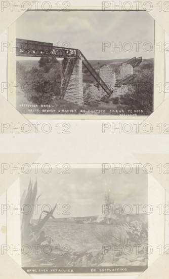 Vet River Bridge. Train brings dynamite to blow up the last pillar., Partially blown-up railway bridge with train over the Vet River in South Africa, photograph, Part of Album with 191 photos of a trip to and through South Africa., South Africa, 1899 - 1902, photographer, paper, daylight paper print, height 119 mm x width 164 mm, bridge, A faded photographic page showing two mounted black-and-white images; the top image depicts a partially collapsed metal truss bridge spanning a landscape with stone piers, damaged sections of track and twisted metal, surrounding scrubby vegetation and distant rolling terrain under a cloudy sky, while the bottom image shows a wide open landscape with foreground spiky plants and rocky ground, distant low hills, and a large plume of smoke or explosion rising into the sky.