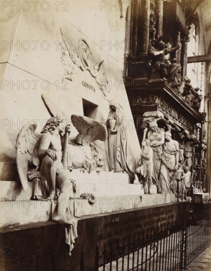 Tombeau du Sculpteur Canova, Venezia - Monumento Canova ai frari, Monument to Canova in the Basilica di Santa Maria Gloriosa dei Frari in Venice, photograph, Part of Topographical album of Venice 1881., negative number: '234', check stamp: 'Carlo Ponti Venezia', photographer: Carlo Ponti, Venice, 1860 - 1881, paper, albumen print, albumendruk, height 259 mm x width 199 mm, piece of sculpture, reproduction of a piece of sculpture, monument, statue, travel, Basilica di Santa Maria Gloriosa dei Frari, A stone funerary monument fills the left and center of the image, featuring several carved figures in classical style including winged figures, a reclining winged lion, a robed veiled woman holding an urn, and standing draped women and children arranged along a stepped base; the stone surface shows smooth panels and bas relief decorations. To the right a darker, ornate architectural structure with columns and additional sculpted figures rises, creating contrast with the pale monument. In the...