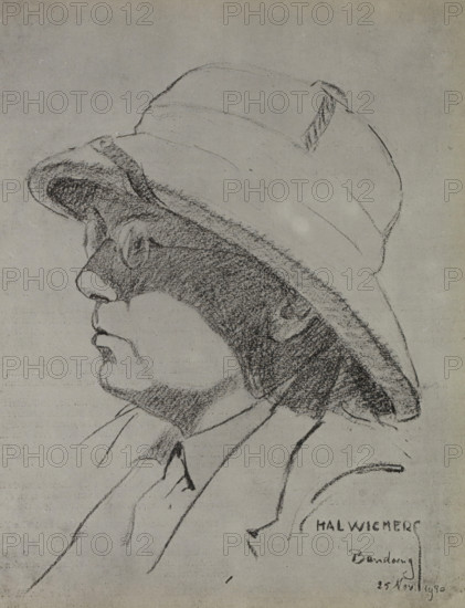 Portrait of (presumably) Hans Martin, album page, photograph, reproduction, Album page with a photograph of a signed drawing by Hal Wichers, depicting Hans Martin wearing a pith helmet. Part of the KLM Indies Line Commemorative Album, Part I., after drawing by Hal Wichers, Bandung, in or after 1930 - in or before 1949, photographer, Java, West Java, pasteboard, paper, gelatin silver print, photographic paper on cardboard, height 272 mm x width 395 mm, Person, KLM, Hans Martin, headgear: hat, travelling, tourism, airborne traffic, aviation, Period, 1925, A charcoal profile drawing of a person wearing a wide-brimmed hat tilted forward, showing the forehead, nose, lips, and chin in side view, with shading filling the face beneath the brim and textured strokes defining the hat and hairline; the person appears to wear a collared garment with a visible hand near the chest, and the background is plain.