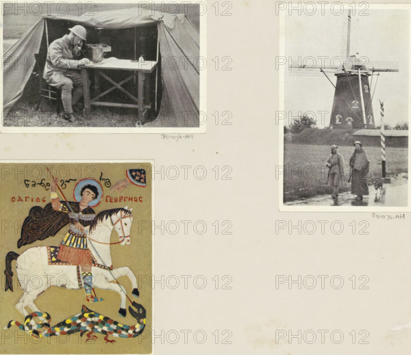 Soldiers in rain gear and a dog in front of a windmill, album page, photograph, postcard, Part of Album with photos of railways in the Dutch East Indies and postcards., c. 1914 - c. 1945, photographer, pasteboard, paper, autotype, height 141 mm x width 93 mm, dog, windmill, land forces, A collage of three photographic and illustrated panels is visible against a light background. In the upper left panel a person wearing a helmet sits at a wooden table inside a canvas tent, leaning forward with one hand on the table and the other near their face, while a radio-like box and a small bottle rest on the tabletop. The upper right panel shows a tall windmill with sails and a conical base standing behind two helmeted figures walking along a wet path, one figure holding a rifle and a dog walking beside them, with a striped post nearby. The lower left panel displays a stylized illustration of a mounted figure in decorative armor on a rearing horse, the horse positioned above a multicolored serpen...