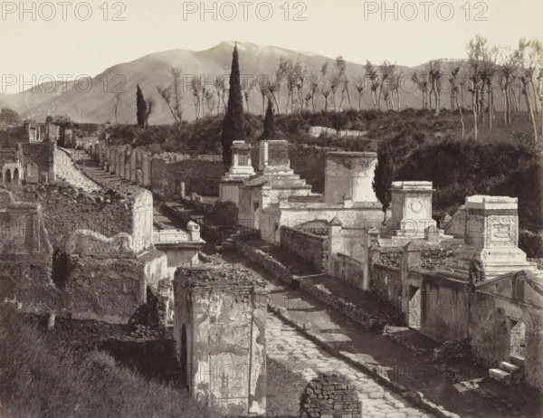 Pompei: Rue des tombeau fouilles 1763, Remains of buildings on the Street with Tombs (Via delle Tombe) in Pompei, with Mount Vesuvius in the background, photograph, Part of Travel album with photos of sights in Naples and the surrounding area., negative number: '4207', Pompeii, c. 1865 - c. 1875, photographer, paper, albumen print, albumendruk, height 201 mm x width 248 mm, street, grave, tomb, excavation, archaeology, A wide grayscale image of an ancient street lined with stone and plaster ruins, showing broken walls, column bases, and rectangular tomb-like structures with decorative reliefs. A paved roadway runs through the center foreground toward the background, flanked by low retaining walls and narrow passageways between structures. Tall slender trees and cypress-like evergreens stand on a raised embankment behind the ruins, with a line of taller bare-branched trees further back. Rolling hills and a mountain rise in the distant background beneath a pale sky. The scene shows worn ...