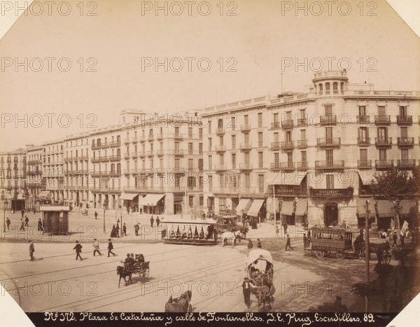 Plaza de Cataluña y calle de Fontanellas, View of Plaça de Catalunya in Barcelona, album page, photograph, This photo is part of an album., number: '172', annotation: 'Barcelona - Plaza de Cataluña', photographer: JE Puig, c. 1885 - in or before 1892-04-09, paper, albumen print, height 161 mm x width 214 mm, street, square, circus, Catalonia, Barcelona (city), A wide street scene with a row of multi-story stone buildings with balconies and awnings along the ground floor, people walking and standing on the sidewalks and in the open plaza, horse-drawn carriages and an open-sided tram or trolley stopped at the curb, a covered carriage in the foreground pulled by a horse, a small kiosk or booth near the plaza, several lampposts and trees at the street edge, and tram tracks running across the paved road.