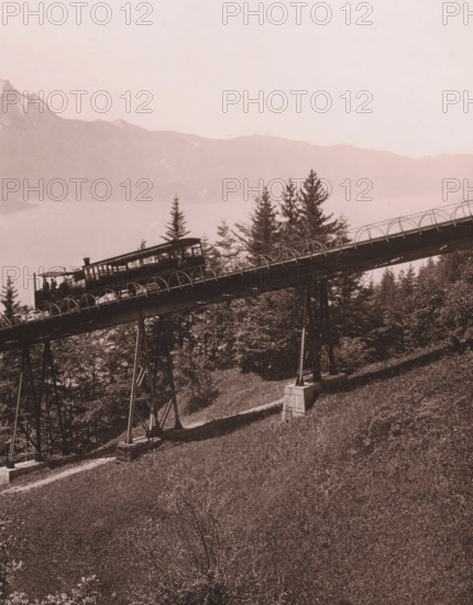 Rigi Railway (Schnurtobel Bridge), View of the Rigi Railway bridge with mountains in the background, album page, photograph, This photo is part of an album., annotation: 'Rigi Railway', number: '99.', c. 1885 - in or before 1892-05-04, photographer, paper, albumen print, height 210 mm x width 272 mm, railway, train, mountains, A sepia-toned photograph shows an elevated wooden walkway supported by metal and wooden trestles extending across a grassy hillside, with curved railings along its sides and a small covered viewing platform on the walkway. Pine trees rise beneath and around the structure, and a path runs along the slope beside the support columns. In the background there are faint outlines of mountain peaks beneath a pale sky, and the foreground shows textured grass and scattered low shrubs.