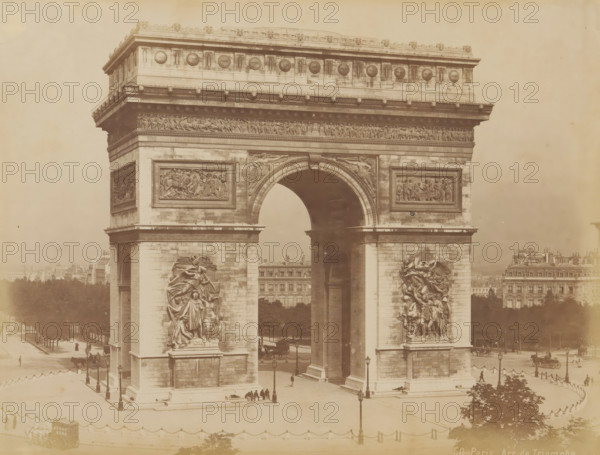 Arc de Triomphe in Paris, album page, photograph, This photo is part of an album., inscription: '50. Paris_ Arc de Triomphe', 1880 - 1910, photographer, paper, albumen print, height 214 mm x width 273 mm, Person, Napoleon I (Emperor of the French), triumphal arch, Paris, Arc de Triomphe, A large stone triumphal arch fills the frame, showing detailed sculptural reliefs on its pillars and above the central arched opening, with ornate decorative friezes along the top; the arch stands on a paved plaza bordered by rows of trees and flanked by multi-story buildings in the background, with horse-drawn carriages and small groups of people visible near the base of the monument; lamp posts and a low chain barrier line the plaza, and there are sculpted figures in high relief on the faces of the arch's piers.