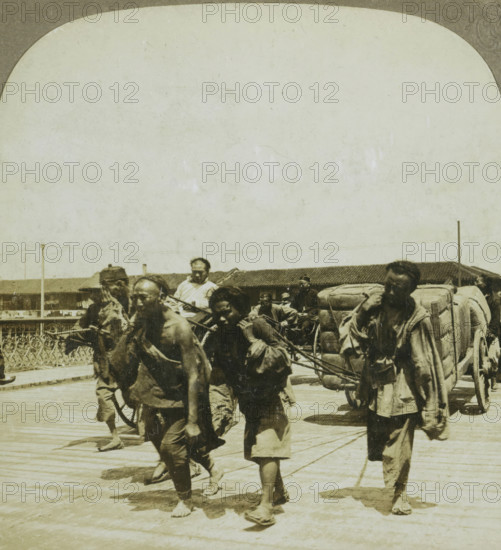 Coolies drawing a heavily loaded truck. Shanghai, China, Four men pulling a heavily loaded cart, Shanghai, stereograph, number: '70', copyright notice: 'Copyright 1902 by CH Graves.', number: '197.', photographer: Carleton Harlow Graves, publisher: Universal Photo Art Company, Philadelphia, 1902, North America, paper, pasteboard, baryta paper, gelatin silver print, developing gelatin silver print, height 89 mm x width 178 mm, hand-cart, drawing, pulling something, A sepia-toned photograph showing a crowded street scene with several barefoot men in worn clothing walking toward the camera while pulling ropes attached to a large cart loaded with bulky wrapped bundles; the men have varied expressions and appear to be straining, some with shaved or short hair and a few wearing simple head coverings, and one man stands on the cart among the bundles; a decorative iron railing and low buildings with tiled roofs run across the background beneath a wide, pale sky that fills the upper part of the...