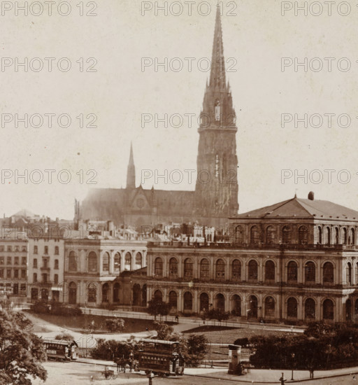 Hamburg, Rathhausmarkt, View of Hamburg with the Stock Exchange in the foreground and the Nikolaiturm behind it, stereograph, 1873 - 1890, photographer, paper, pasteboard, daylight collodion silver print, height 88 mm x width 179 mm, city-view in general, 'veduta', parts of church exterior and annexes: tower, Exchange, Bourse, Nikolaiturm, A sepia-toned cityscape showing a large ornate building with rows of arched windows and a pitched roof in the foreground, a tall cathedral spire rising behind it along with a smaller spire, a riverside promenade and tree-lined green space in front of the buildings, horse-drawn double-decker trams and a horse-drawn carriage on the street, a cylindrical kiosk near the curb, and scattered pedestrians and street furniture visible along the sidewalks.