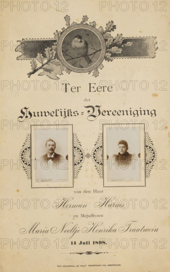 Lyrics with miniature portraits of the couple Herman Harms and Maria Neeltje Henrika Frautwein, on the occasion of their wedding, photograph, Inside the card a wedding song on behalf of the parents of the bride and groom., inscription: 'In Honor of the Marriage Union of Mr. Herman Harms and Miss Maria Neeltje Henrika Frautwein, July 14, 1898., TYP. PRINTING PRESS 'DE VALK'. SPUISTRAAT 122, AMSTERDAM.', photographer: Cornelis Johannes Lodewicus Vermeulen, Amsterdam, printer (person): De Valk, 1898-07-14, printer (person), paper, baryta paper, daylight collodion silver print, height 220 mm x width 138 mm, height 41 mm x width 25 mm, Person, Herman Harms, Maria Neeltje Henrika Frautwein, adult woman, adult man, A vertically oriented aged paper sheet with decorative printed artwork, featuring a circular illustrated medallion at the top containing a small bird perched on a branch surrounded by ornamental leaves and horizontal ribbon-like elements. Below the medallion are two framed portrait...