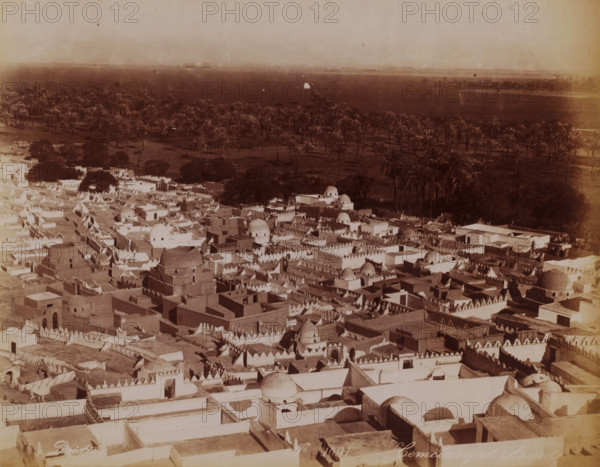 Cemetery at Assiud, View of the cemetery of Assioet, photograph, number: 'N. 1091', photographer: Peridis, Assioet, 1870 - 1900, North Africa, paper, albumen print, height 218 mm x width 277 mm, cemetery, park-like burying ground, A sepia aerial view of a dense cluster of flat-roofed buildings and domed structures with crenellated parapets, narrow alleys and small courtyards, interspersed with larger trees; beyond the built area a broad expanse of land with rows of tall palm trees and scattered vegetation stretches toward the horizon under a pale sky.