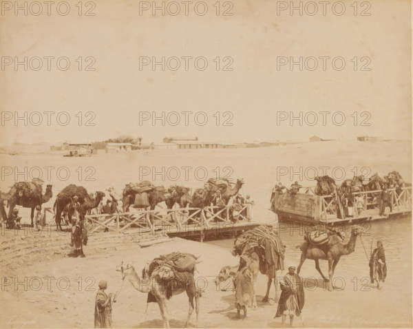 Ferry across the Suez Canal at Al-Qantarah, Egypt, Pont de la Syrie a Kantara, photograph, number: 'No', photographer: Zangaki, C. & G., Al-Qantarah Gharb, 1870 - 1910, North Africa, pasteboard, paper, albumen print, height 349 mm x width 454 mm, ferry, hoofed animals: camel, A wide sepia-toned waterside scene showing a sandy shore with a wooden pier extending into the water and a flat expanse of river or lake beyond, a low line of simple buildings and a few trees on the far bank, and numerous camels on the shore and on the pier loaded with large bundles and saddles; many men in traditional robes and head coverings stand or sit among the camels, some holding ropes or leading animals, while a few people are on the pier near a small boat or platform at the water's edge.