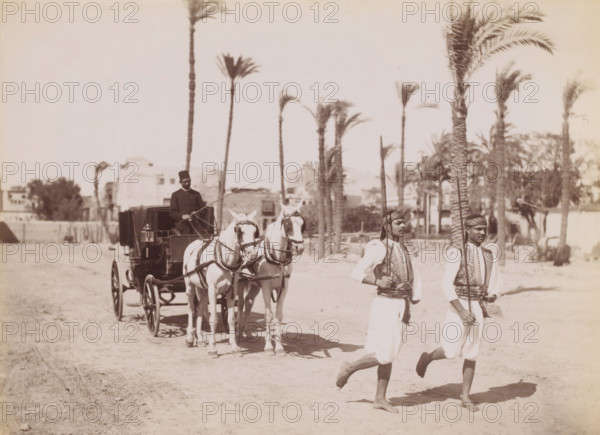 Saïs courant, Coach and coachman with two guards in Cairo, photograph, number: 'no 59', photographer: G. Lekegian & Co., Cairo (city), 1887 - 1900, Ottoman Empire, North Africa, paper, albumen print, height 211 mm x width 275 mm, four-wheeled vehicle drawn by two animals, body-guard of ruler, A sepia photograph showing two bare-footed men in traditional embroidered vests and headwraps walking forward while each holds a long pole, two white horses hitched to a carriage stand behind them with a man seated on the carriage holding reins, a row of tall palm trees rises in the background with low buildings and vegetation behind them, the ground appears sandy and open.