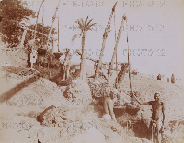 Workers during the construction of an irrigation canal, photograph, Middle East, 1860 - 1900, photographer, paper, albumen print, height 220 mm x width 280 mm, irrigation, cultivation, A sepia-toned scene showing a sandy, excavated slope with several people and tall wooden poles with ropes and suspended large baskets; a shirtless man stands at the edge of a pit holding a rope attached to a hanging basket while another man sits partially in the pit near a basket, and a woman with cloth wrapped around her head sits on the slope; there are bundled cloths and piles of material scattered on the ground, a leaf-covered bundle near the poles, a palm tree rising in the background, leafy trees to the left, and two figures wrapped in garments walking on the ridge in the distance.