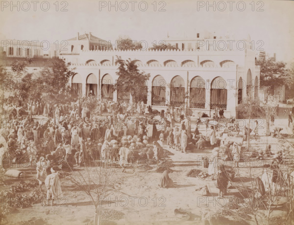 Tunis, marché Arabe, Market in Tunis, photograph, number: '354', photographer: Neurdein Frères, 1863 - 1900, North Africa, paper, albumen print, albumendruk, height 208 mm x width 273 mm, market, A wide sepia-toned scene shows a large two-story building with a row of arched openings on each level and decorative crenellations along the roofline, flanked by trees and smaller structures behind it; the lower arches have curtains or shutters and wrought-iron railings, while the upper arches are open. In front of the building a crowded outdoor area contains many people wearing long robes and head coverings, standing, walking, sitting, or gathered in groups among piles of goods and vegetation; vendors and bundles are scattered across the ground and a horse-drawn cart is visible to one side. Sparse trees and small plants dot the foreground, and figures of different postures fill the space between the plants and the building, creating a busy market atmosphere.