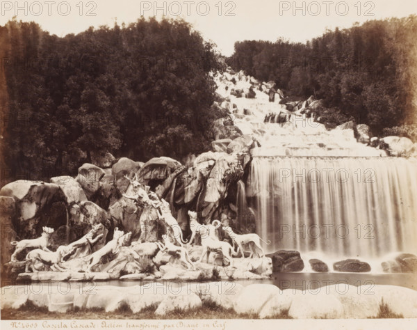 Fountain of Diana and Actaeon in the gardens of the Palace of Caserte in Naples, Italy, Caserta Acteon transforme by Diane and Cerf, photograph, number: '13', number: 'No. 4605', inscription: 'Sommer (+)', photographer: attributed to Giorgio Sommer, Naples, after sculpture by various manufacturers, 1857 - 1914, various manufacturers, after sculpture by, Attributed to, pasteboard, paper, albumen print, albumendruk, height 307 mm x width 403 mm, ornamental fountain, Actaeon changed into a stag: as punishment for seeing her bathe, Diana changes Actaeon, the hunter, into a stag (Ovid, Metamorphoses III 193), Caserta, Palace of Caserta, A wide cascading waterfall flows over stepped rock ledges with water streaming in vertical sheets into a pool below, framed by a dense dark forest on either side; in the foreground a rocky outcrop holds a group of pale sculpted figures and animals, including standing and leaping dogs and a central human figure reaching upward toward a stag-like creature, all...