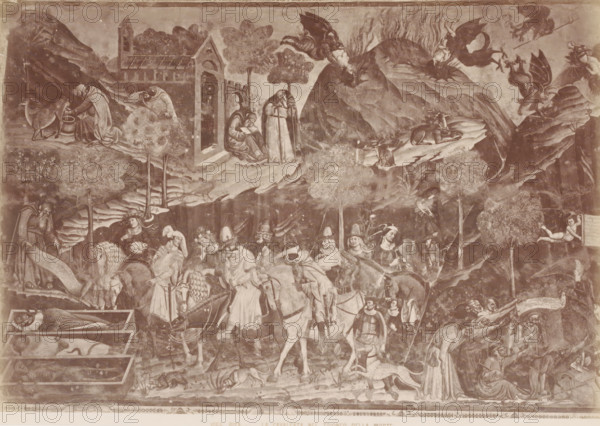 La Cavalcata nel trionfo della morte, Photo reproduction of the fresco Trionfo della Morte in the Camposanto in Pisa, Italy, Pisa, photograph, reproduction, number: '1055.', after painting by Buonamico Buffalmacco (attributed to), 1851 - 1900, photographer, Toscane, Attributed to, pasteboard, paper, albumen print, albumendruk, height 309 mm x width 385 mm, picture, painting, wall-covering, Piazza dei Miracoli, Camposanto (Piazza dei Miracoli), A large, sepia-toned historical scene fills the image with numerous human figures, many wearing robes, hats, and armor, some riding horses and some walking; a procession appears across the lower half with riders on horses shown in profile and attendants on foot, while various figures in the mid and upper areas stand, sit, or kneel near rocky terrain and clustered trees. Architectural elements include an arched doorway set into a small building at mid-left, and rocky cliffs and ledges rise behind it toward the upper right where winged, monstrous c...