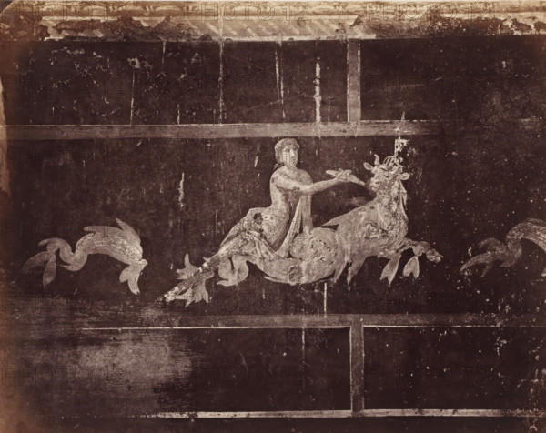Photo reproduction of a fresco in Pompeii, Italy, photograph, reproduction, number: '76.', number: '11', inscription: 'Peinture à Pompei', Pompeii, after painting by anonymous, 1851 - 1900, photographer, pasteboard, paper, albumen print, height 306 mm x width 402 mm, picture, painting, wall-covering, A worn mural panel shows a pale, partially faded figure reclining on a mythic animal with hooves and a horned head, the figure extending an arm forward toward the animal. The creature and figure are rendered in a lighter tone against a dark, textured background marked by vertical and horizontal bands and visible scratches and scuffs. Decorative leafy scroll elements extend from either side of the central scene, and the surface displays mottled patches of wear and areas where the paint has flaked. The overall palette appears subdued with high contrast between the pale figures and the dark field.