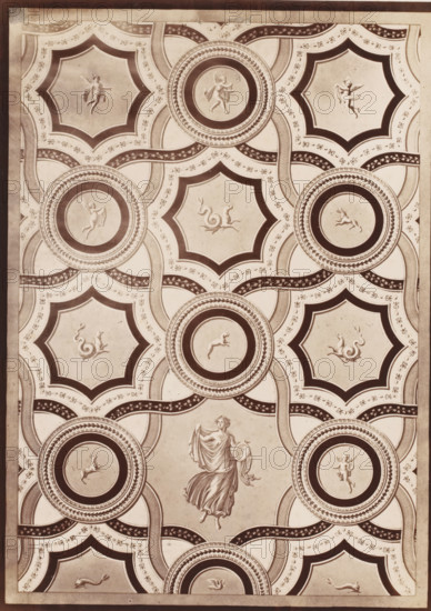 Photo reproduction of a ceiling painting, possibly in Pompeii, photograph, reproduction, number: '11', number: '28.', after painting by anonymous, 1851 - 1900, photographer, pasteboard, paper, albumen print, height 405 mm x width 307 mm, picture, painting, (decorated) ceiling, Pompeii, A rectangular panel with a repeating ornamental pattern of interlocking circular medallions and star-shaped frames, rendered in sepia tones; each circular medallion contains a raised relief figure of a small animal or cherubic figure in profile, surrounded by concentric decorative borders, while the star-shaped frames hold stylized mythical creatures and drapery-clad figures in various poses; ornate curved bands with leaf and floral motifs weave between the medallions and frames, creating a lattice across the surface; a larger draped female figure holding a round object appears near the center, depicted in a flowing garment with detailed folds; the panel is bordered by a narrow solid edge with subtle wea...