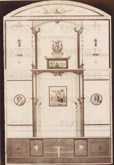 Photo reproduction of a fresco in the house of Marcus Lucretius on Via Stabiana in Pompeii, Italy, photograph, reproduction, inscription: 'Victoire paris maison Marc Lucrete', inscription: '83-', number: '11', Pompeii, after painting by anonymous, 1851 - 1900, photographer, pasteboard, paper, albumen print, albumendruk, height 404 mm x width 306 mm, picture, painting, wall-covering, Via di Stabia, A tall vertical architectural panel rendered in sepia tones shows an ornate interior elevation with decorative moldings and pilasters framing a recessed central section, topped by an arched pediment with scrolling motifs and small ornamental figures. Within the upper central niche sits a sculptural group of a standing female figure flanked by two animals atop a plinth, and below it a framed landscape-like panel. The central recessed wall displays a framed figurative scene depicting a seated figure with an angelic figure beside, bordered by narrow decorative bands and small floral motifs. Flan...