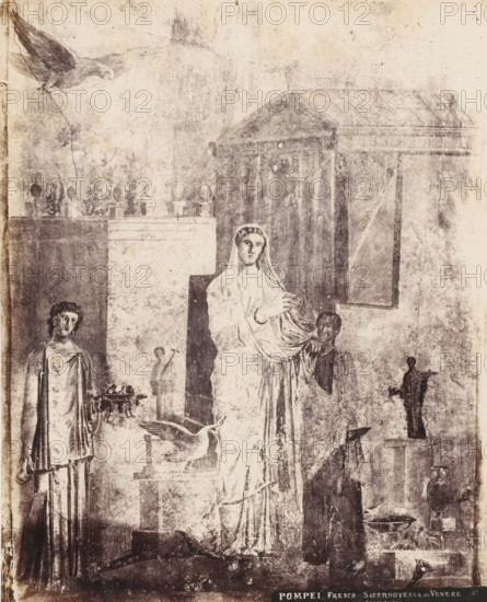 Fresco Sacerdotessa di Venere Scavi Nuovi, Photo reproduction of a fresco in the Temple of Venus at Pompeii, Italy, Pompeii, photograph, reproduction, number: '11', number: '19.', after painting by anonymous, 1851 - 1900, photographer, pasteboard, paper, albumen print, height 245 mm x width 401 mm, wall-covering, Tempio di Venere, A faded monochrome fresco shows a central robed female figure standing with a veil over her head and a garment draped around her body, her hands raised near her chest; to her left a smaller standing figure in a long robe holds an object near waist height, and a bird with outstretched wings sits on a low altar in front of them; to the right a darker-clad figure stands partly behind the central woman, and a small statuette on a pedestal appears nearby; architectural elements including a columned structure with a triangular pediment occupy the upper right, and a row of small rounded objects atop a ledge appears in the upper left; a large bird is depicted in flig...