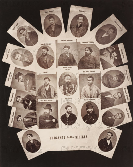 Collage with 23 portraits of Sicilian bandits, Briganti della Sicilia, photocollage, inscription: 'captured 1878, executed Palermo 1880', Sicily, 1878 - 1880, photographer, pasteboard, paper, albumen print, height 385 mm x width 309 mm, Person, Alfono Salvatore, Alfono Domenico, Bottinolaro Domenico, Exposito Rondazzo, Baldacchini, Salpietro Salvatore, Porrazzo Vicenzo, Giuseppe Nobile, Tortomaso Luigi, Torretta Sebastiano, Pasquale Messina, Lozito Giuseppe, Giglio Antonio, Gudo Mariano, Plaio Gaudenzio, Tamburelli Castrengi, Amorelli Giuseppe, La Marea Giovanni, Antonio Leone, Turrisi, Tito Nicolò, Saierco Domenico, La Marea Pagano, criminals, A large sepia-toned collage of individual oval and rectangular portrait photographs arranged in a roughly circular fan shape against a dark background, each portrait showing a man in period clothing with various facial hair styles and hats, many shown from the chest up and facing different directions, some seated and some leaning, with lighter p...