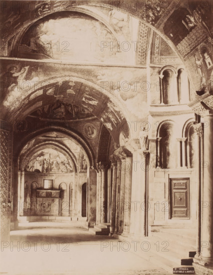Vestibolo S. Marco, Vestibule of San Marco in Venice, Italy, Venezia, photograph, number: '81', Venice, 1851 - 1900, photographer, pasteboard, paper, albumen print, albumendruk, height 370 mm x width 321 mm, vestibule, hall, interior of church, Florence, Tuscany, San Marco, A high vaulted interior with a series of arches and columns, decorated ceilings with painted figures and ornamental patterns, niches set into the walls containing sculpted reliefs or statues, tall narrow windows with rounded tops, a carved door set into paneled stonework, and a distant apse area with frescoed scenes and architectural moldings.