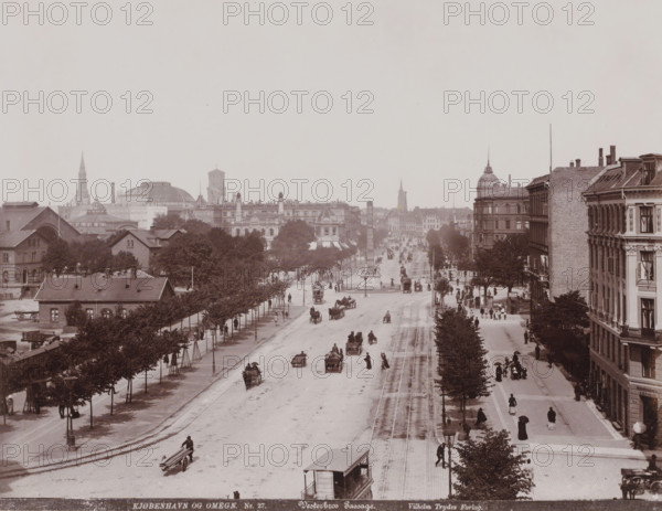 View of the Vesterbrogade in Copenhagen with the Hovedbanegård on the left and the Frihedsstøtten, Vesterbros Passage, Kjøbenhavn og Omegn in the middle, photograph, number: 'Nr. 27.', Copenhagen (city), publisher: Vilhelm Trydes, Denmark, 1880 - 1910, photographer, paper, pasteboard, baryta paper, daylight collodion silver print, height 217 mm x width 283 mm, height 350 mm x width 455 mm, monument, statue, street, Københavns Hovedbanegård, Liberty Memorial, Vesterbrogade, A wide urban street scene seen from above with parallel tracks running down the center and a long avenue lined with trees and lampposts, horse-drawn carriages and early motor vehicles moving along the road and pedestrians walking on the pavements, a tall column monument near the middle of the street, multi-story buildings with detailed facades and rooftop chimneys on the right side, rows of trees and lower buildings on the left, distant domed and spired architectural structures on the skyline, and people in period cl...