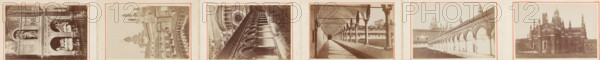 Leporello with six carte de visites with photos of the monastery of Certosa di Pavia in Lombardy, Italy, photograph, accordion book, Lombardy, 1854 - 1885, photographer, pasteboard, paper, albumen print, albumendruk, height 74 mm x width 110 mm x thickness 8 mm x width 654 mm, cloisters, monastery, Certosa di Pavia, A sequence of sepia-toned photographs arranged side by side within bordered frames, each showing architectural views of ornate stone buildings and arcades; the first frame shows a detailed façade with carved statues set within arched niches and decorative reliefs; the next frame displays a grand building with domes and towers seen from a low angle; the third frame features a long colonnade with rounded arches and an elevated balustrade leading toward a domed structure in the background; the fourth frame presents an interior corridor with vaulted ceiling, columns, and shadowed flooring receding into the distance; the fifth frame shows an exterior arcade with repeating arches...